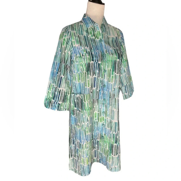 KARVINEN FINLAND button down shirt tunic mini dress green blue white abstract - Picture 11 of 11